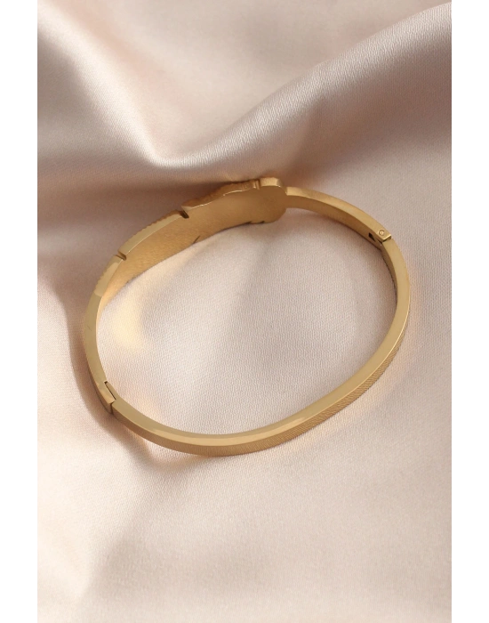 Gold Renk Yaprak Model Zirkon Taş Detay Kelepçe Kadın Bileklik