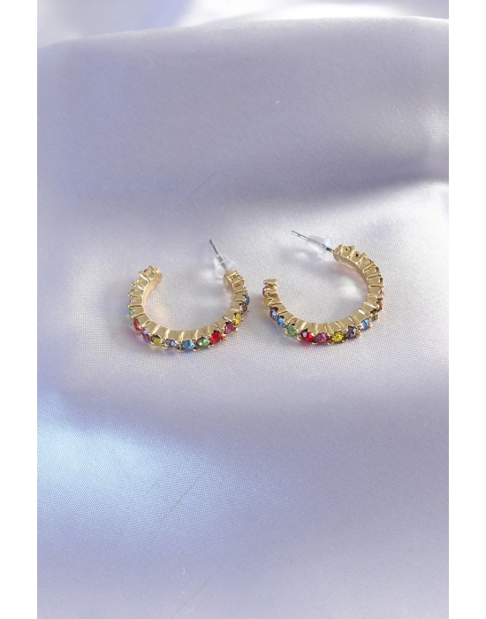 Gold Renk Yarım Halka Model Renkli Kristal Taşlı Kadın Küpe