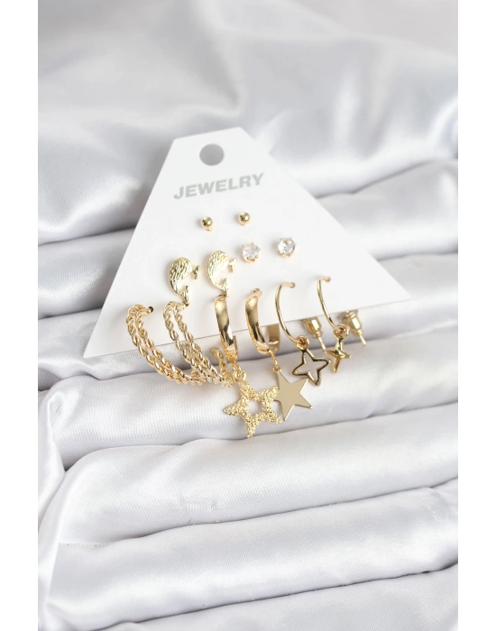 Gold Renk Yıldızlı Set 6 Çift Kadın Küpe Seti