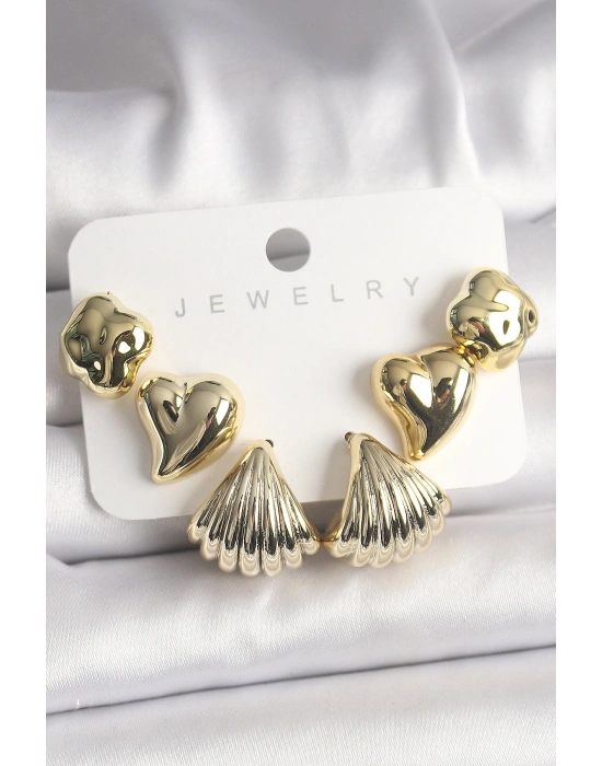 Gold Renk Yonca Kalp Deniz Kabuğu Figür CCB Kadın Küpe Seti