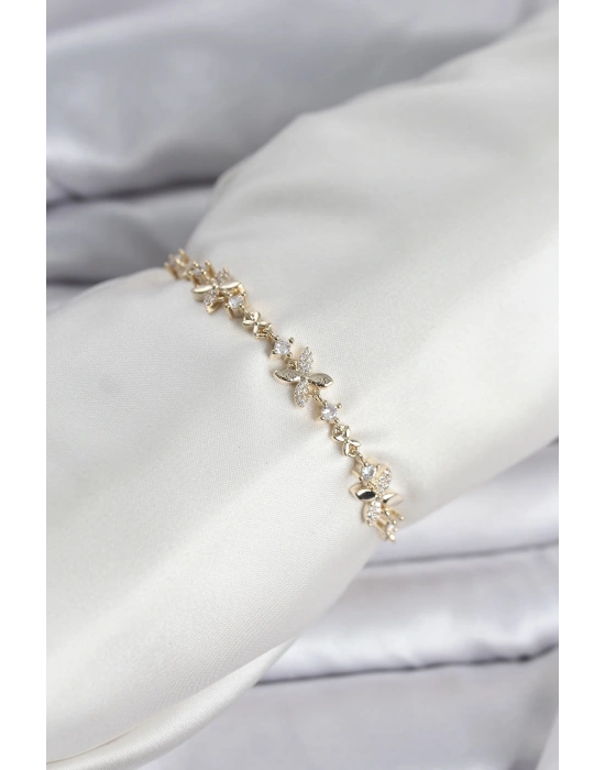 Gold Renk Yonca Model Zirkon Taşlı Asansörlü Kadın Bileklik