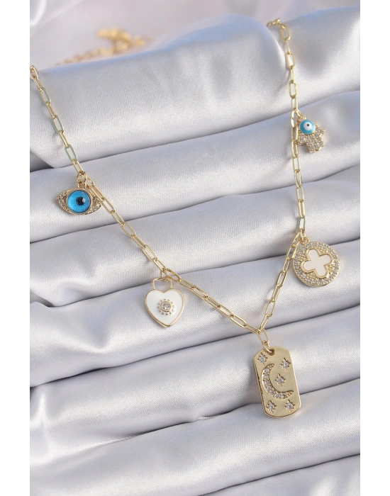 Gold Renk Zirkon Taşlı Çoklu Figür Model Şans Kolyesi