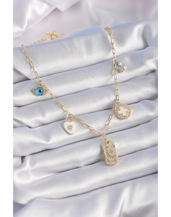 Gold Renk Zirkon Taşlı Çoklu Figür Model Şans Kolyesi