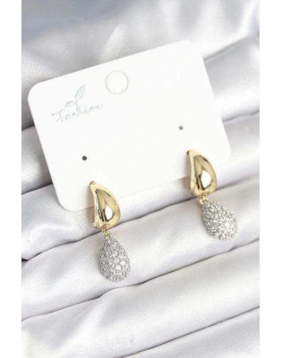 Gold Renk Zirkon Taşlı Damla Pirinç Kadın Küpe