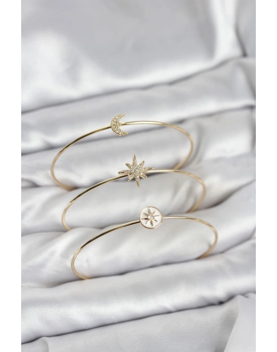 Gold Renk Zirkon Taşlı Kutup Yıldızı Model 3lü Kadın Bileklik Kombini