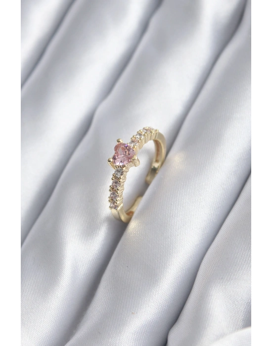 Gold Renk Zirkon Taşlı Pembe Kristal Kalp Model Kadın Yüzük