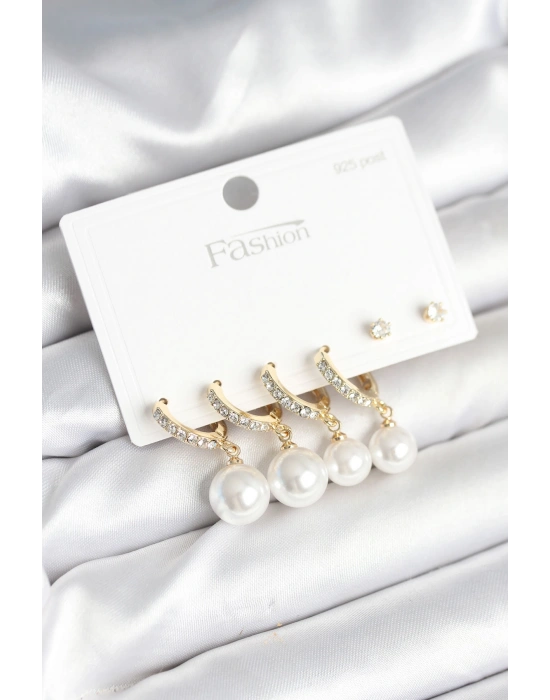 Gold Renk Zirkon Taşlı Pirinç İncili 925 Ayar Gümüş Çivili Küpe Seti