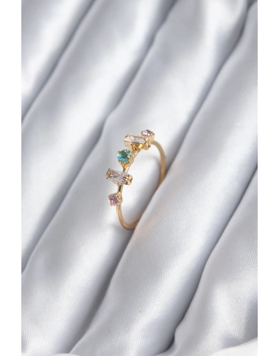 Gold Renk Zirkon Taşlı Renkli Zirkon Taşlı Kadın Yüzük