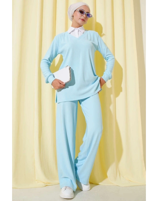 Gömlek Yaka Fitilli Salaş İkili Takım Buz Mavisi T4300