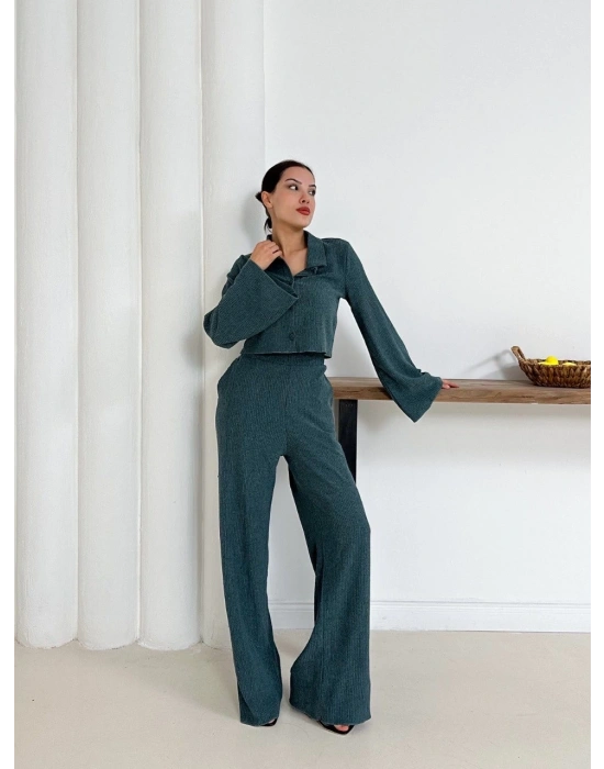 Gömlek yaka kaplama düğmeli takım petrol yeşili st265866