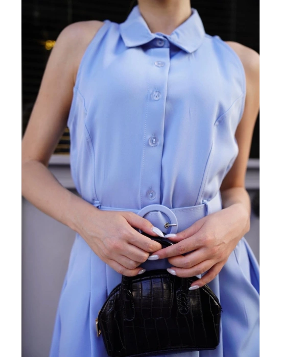 Gömlek yaka kemerli elbise mavi s255061