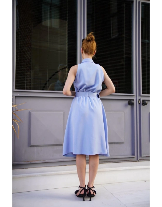 Gömlek yaka kemerli elbise mavi s255061