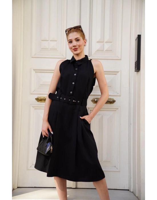 Gömlek yaka kemerli elbise siyah s255061