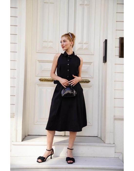 Gömlek yaka kemerli elbise siyah s255061