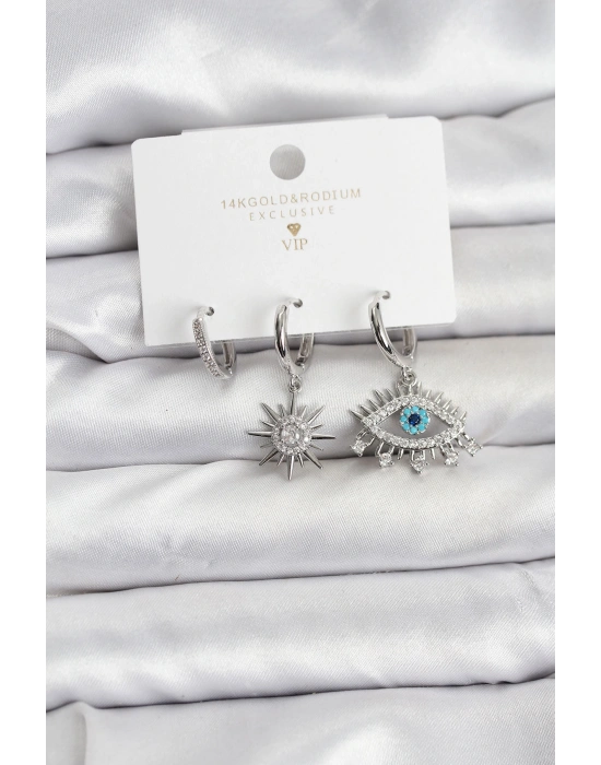 Göz Model Gümüş Renk Pirinç 3lü Kadın Küpe Seti