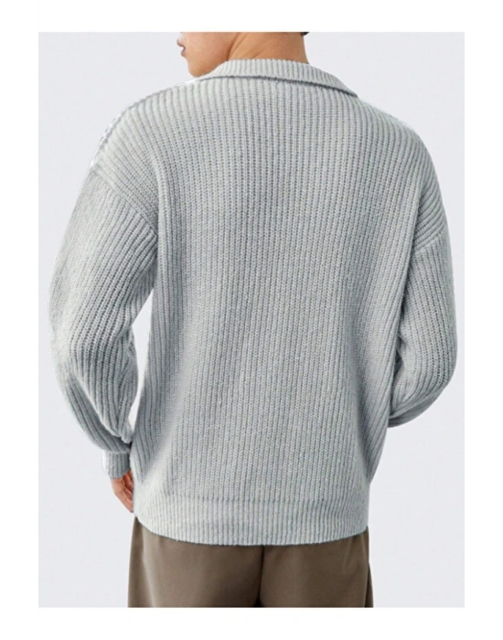 Gri Erkek Oversize Fermuarlı Balıkçı Triko Kazak