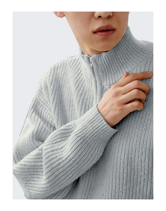 Gri Erkek Oversize Fermuarlı Balıkçı Triko Kazak