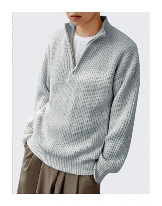 Gri Erkek Oversize Fermuarlı Balıkçı Triko Kazak