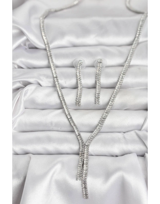 Gümüş Renk Baget Zirkon Taşlı Kadın Kolye Küpe Set