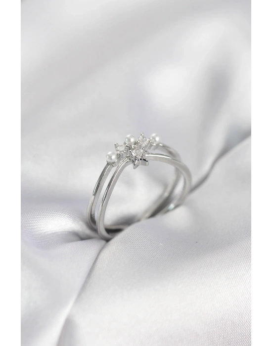 Gümüş Renk İncili Yıldız Model Zirkon Taşlı Kadın Yüzük