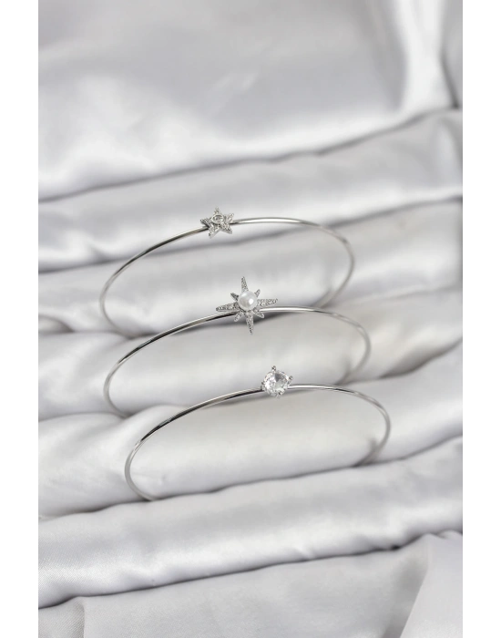 Gümüş Renk Kutup Yıldızı Model Zirkon Taşlı 3lü Kadın Bileklik Kombini