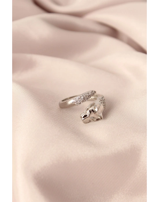 Gümüş Renk Metal Zirkon Taşlı Kaplan Model Ayarlanabilir Kadın Yüzük