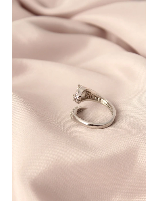 Gümüş Renk Metal Zirkon Taşlı Kaplan Model Ayarlanabilir Kadın Yüzük