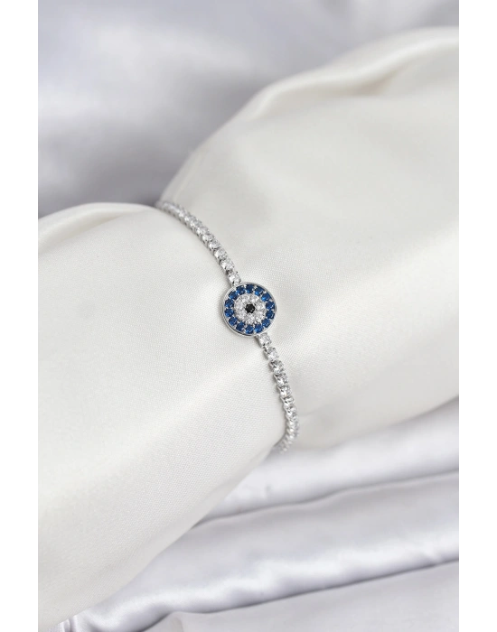 Gümüş Renk Nazar Model Zirkon Taşlı Asansörlü Su Yolu Bileklik