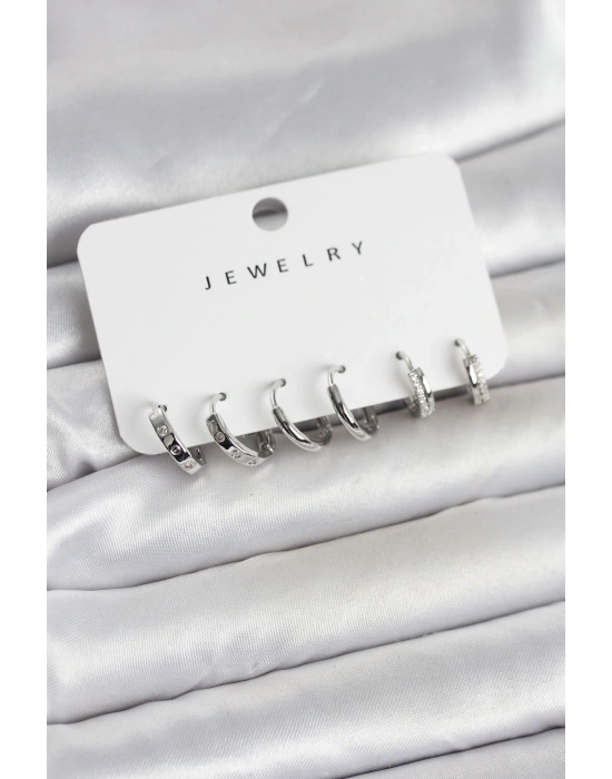 Gümüş Renk Pirinç 3 Çift Kadın Küpe Seti