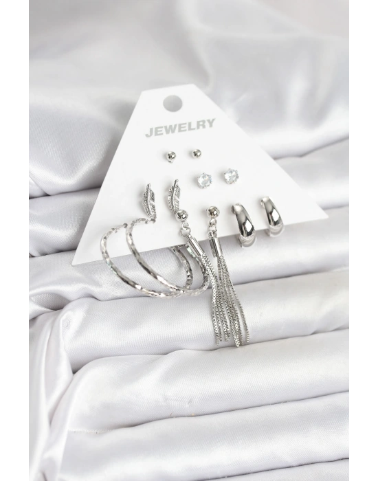 Gümüş Renk Pirinç 6 Çiftli Kadın Küpe Seti