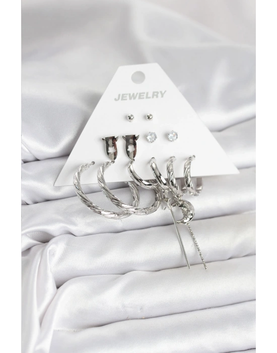 Gümüş Renk Pirinç 6lı Kadın Küpe Seti