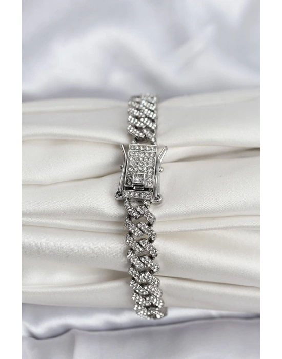 Gümüş Renk Pirinç Cuba Chain Gurmet Bileklik