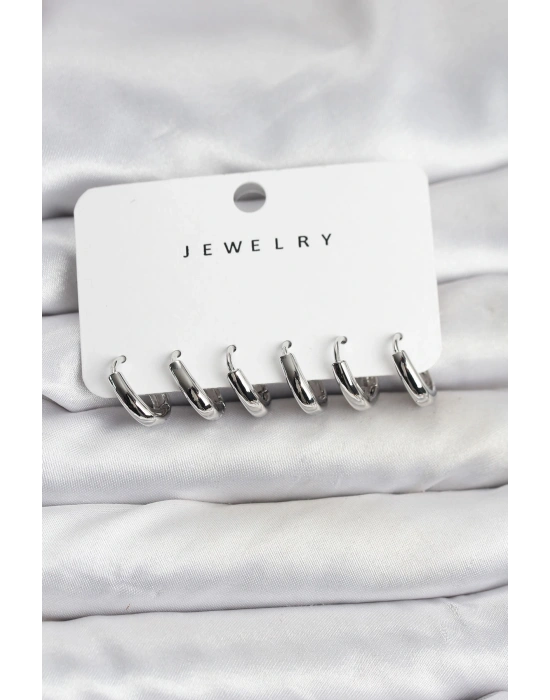 Gümüş Renk Pirinç Halka Kadın Küpe Seti