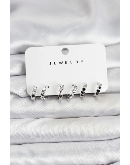 Gümüş Renk Pirinç Minimal Kalp Detaylı Kadın Küpe Seti