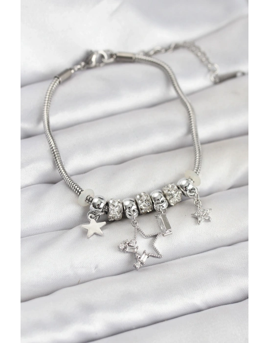 Gümüş Renk Pirinç Yıldız Model Charmlı Kadın Bileklik
