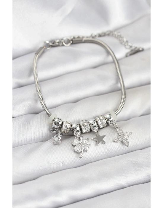 Gümüş Renk Pirinç Yonca Charmlı Kadın Bileklik