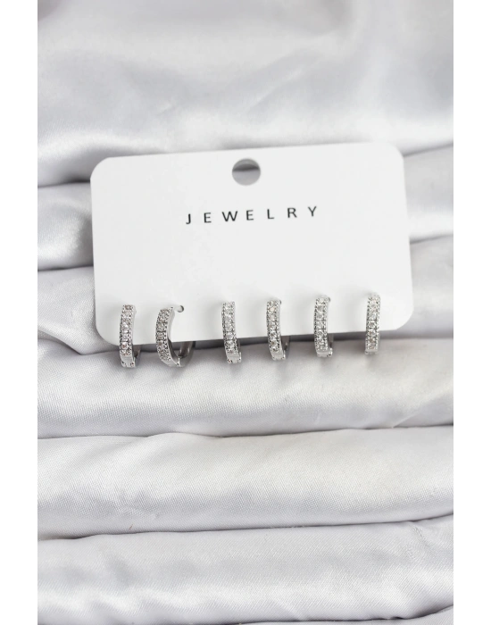 Gümüş Renk Pirinç Zirkon Taşlı Halka Kadın Küpe Seti