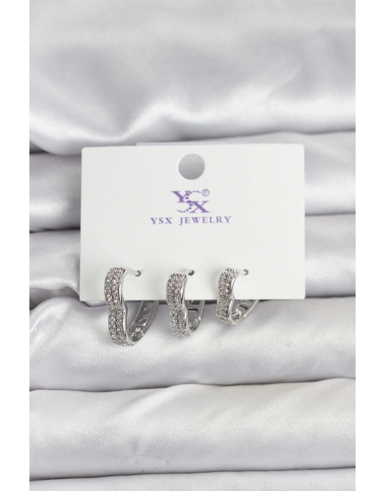 Gümüş Renk Pirinç Zirkon Taşlı Kalpli Kadın Küpe