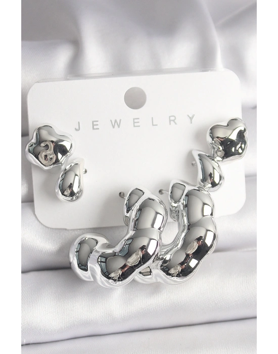 Gümüş Renk Yonca Damla Halka Model CCB Plastik Kadın Küpe Seti