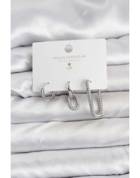 Gümüş Renk Zirkon Taşlı 3lü Kadın Küpe Seti