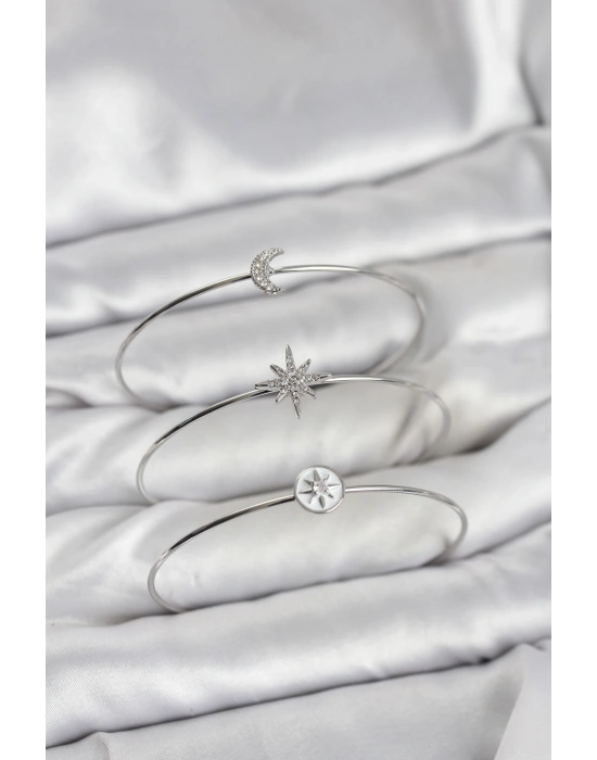 Gümüş Renk Zirkon Taşlı Kutup Yıldızı Model 3lü Kadın Bileklik Kombini