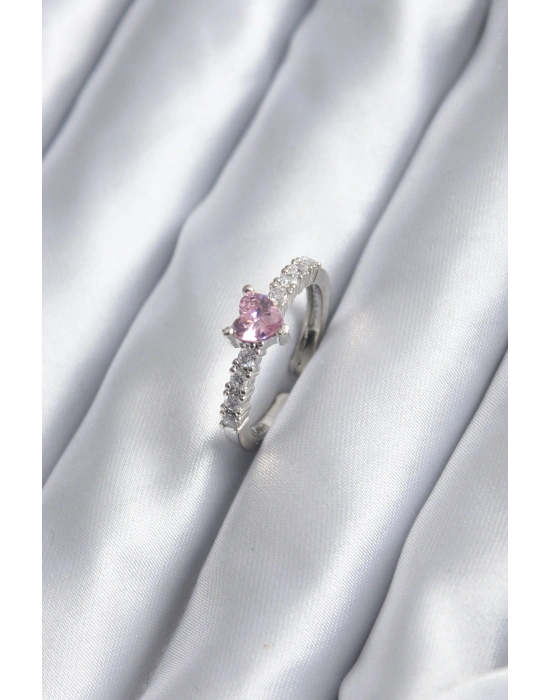 Gümüş Renk Zirkon Taşlı Pembe Kristal Kalp Model Kadın Yüzük