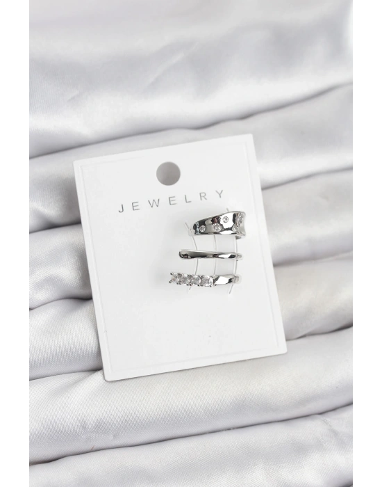 Gümüş Renk Zirkon Taşlı Pirinç Kıkırdak Küpe