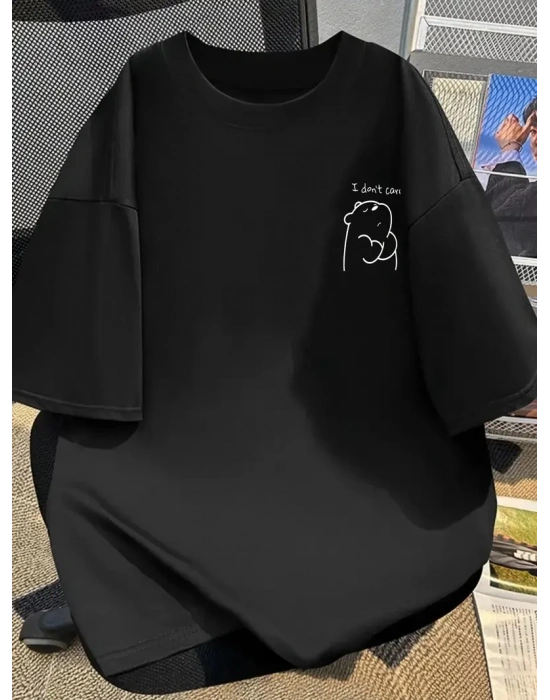 [Günlük T-Shirt] Hafif Kadın Günlük T-Shirt | Bol Kesim, Kısa Kollu, Yuvarlak Yaka, Eğlenceli Karikatür Ayı ve Umrumda Değil Baskı - Günlük Stil, İlkbahar/Yaz- Siyah