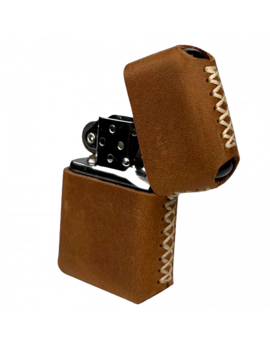 Handmade El Yapımı Hakiki Deri Zippo Modeli Çakmak - AG02001 - Açık Kahverengi