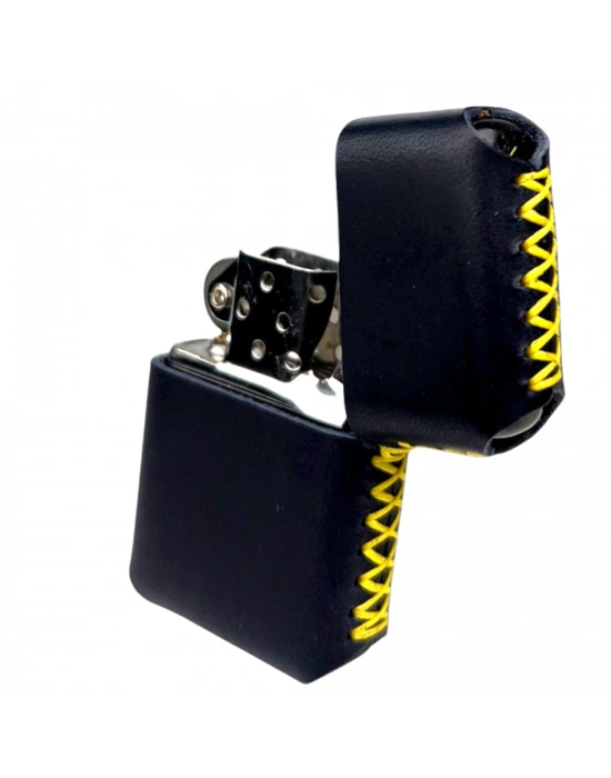 Handmade El Yapımı Hakiki Deri Zippo Modeli Çakmak - AG02001 - Lacivert Sarı