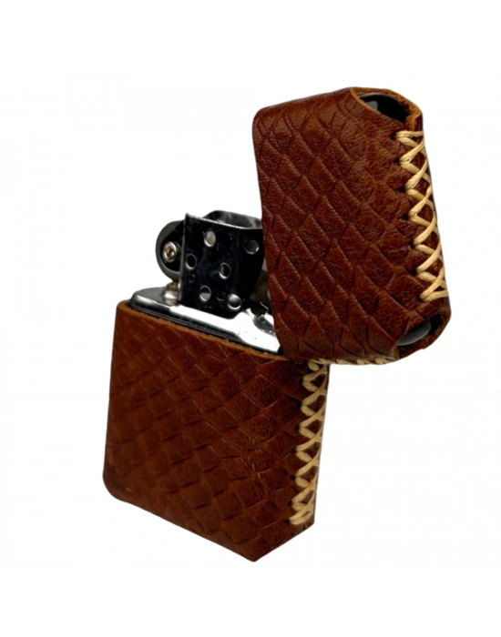 Handmade El Yapımı Hakiki Deri Zippo Modeli Çakmak - AG02001 - Taba