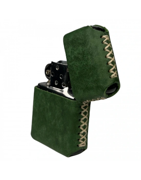 Handmade El Yapımı Hakiki Deri Zippo Modeli Çakmak - AG02001 - Yeşil