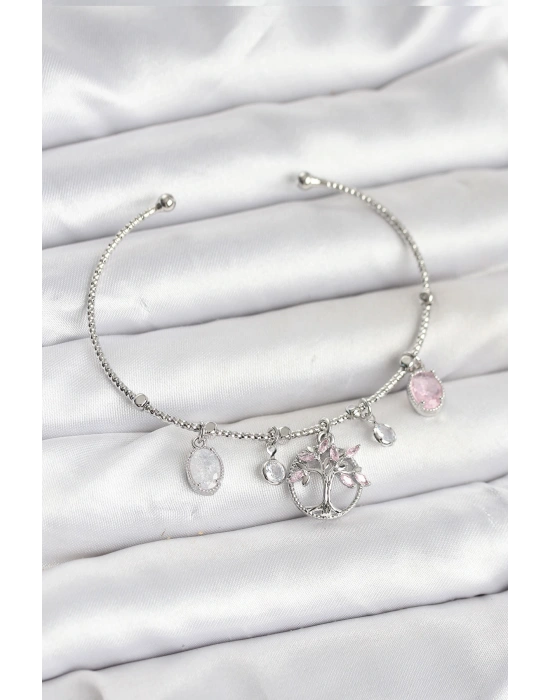 Hayat Ağacı Charmlı Gümüş Renk Pirinç Kadın Bileklik