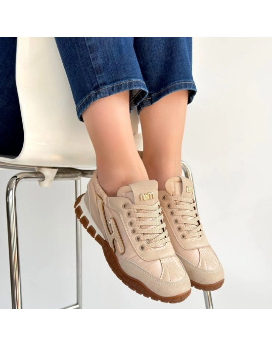 Huer Bej Nubuk Bağcıklı Spor Ayakkabı